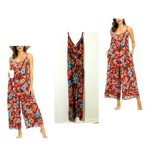BUENOS NINOS Women's Small Red Floral Print Jumpsuit Boho Spaghetti Strap Pocket